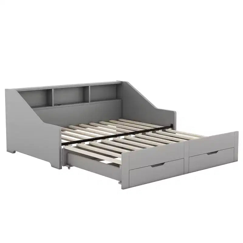 Twin to King Size Daybed Frame with Storage Bookcases, Two Drawers and Charging Station - Gray