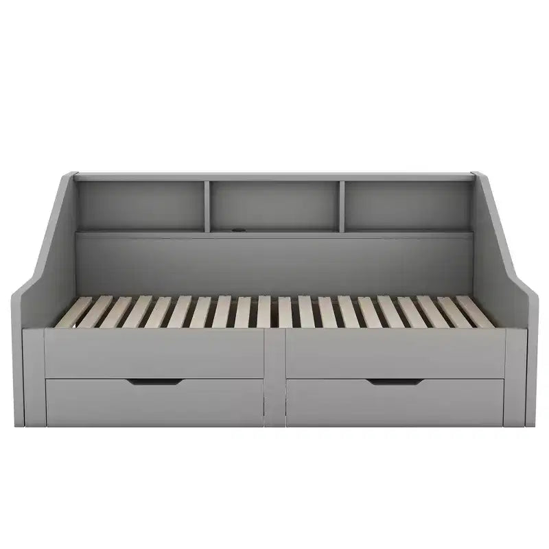 Twin to King Size Daybed Frame with Storage Bookcases, Two Drawers and Charging Station - Gray