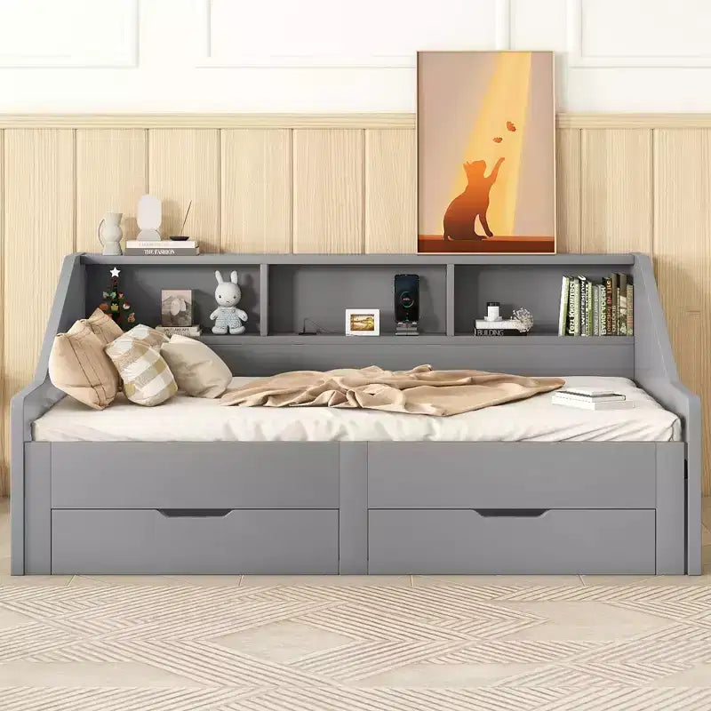Twin to King Size Daybed Frame with Storage Bookcases, Two Drawers and Charging Station - Gray