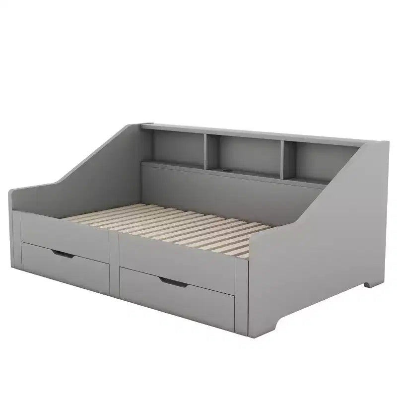 Twin to King Size Daybed Frame with Storage Bookcases, Two Drawers and Charging Station - Gray