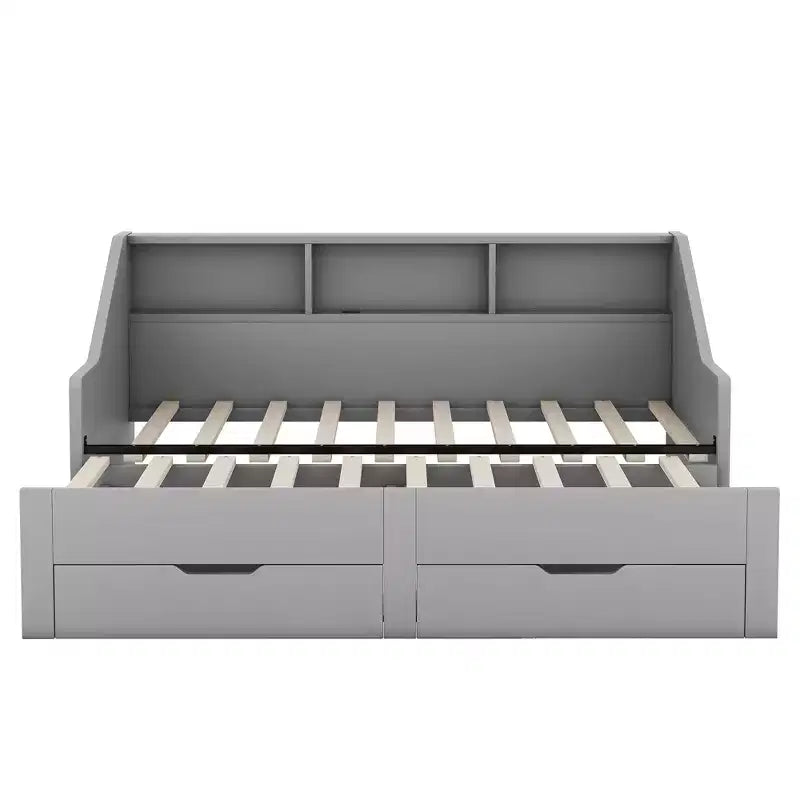 Twin to King Size Daybed Frame with Storage Bookcases, Two Drawers and Charging Station - Gray