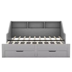 Twin to King Size Daybed Frame with Storage Bookcases, Two Drawers and Charging Station - Gray