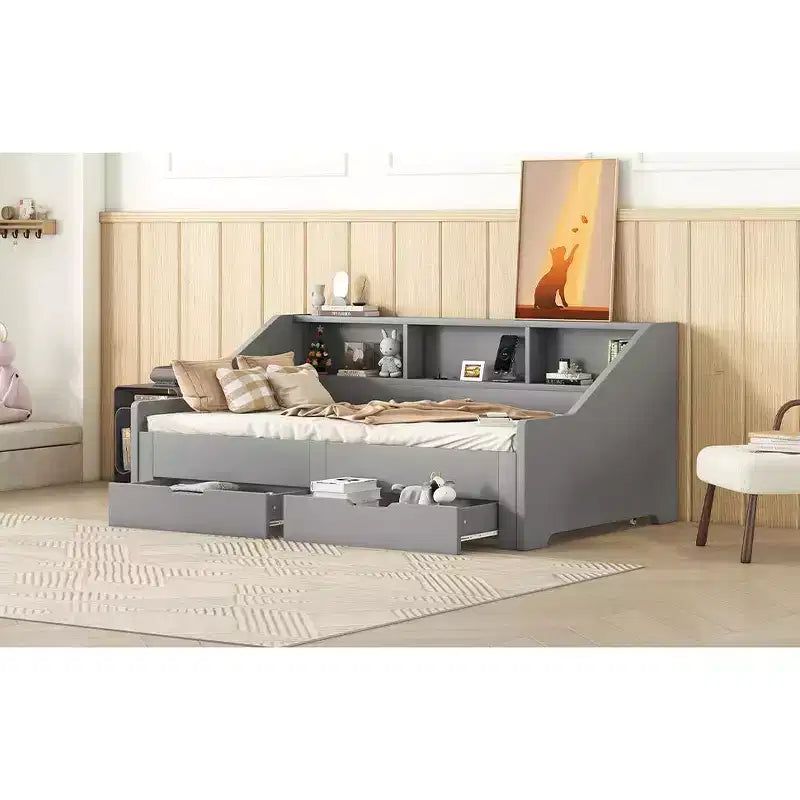 Twin to King Size Daybed Frame with Storage Bookcases, Two Drawers and Charging Station - Gray