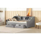 Twin to King Size Daybed Frame with Storage Bookcases, Two Drawers and Charging Station - Gray