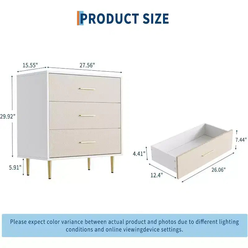 3-Drawer Dresser with Gold-Tone Handles and Legs, White