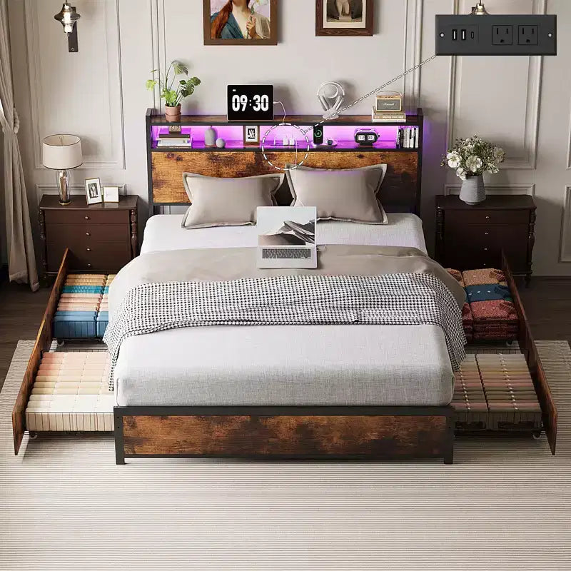 Metal Platform Bed Frame with 4 Storage Drawers, LED Lights, and Charging Station