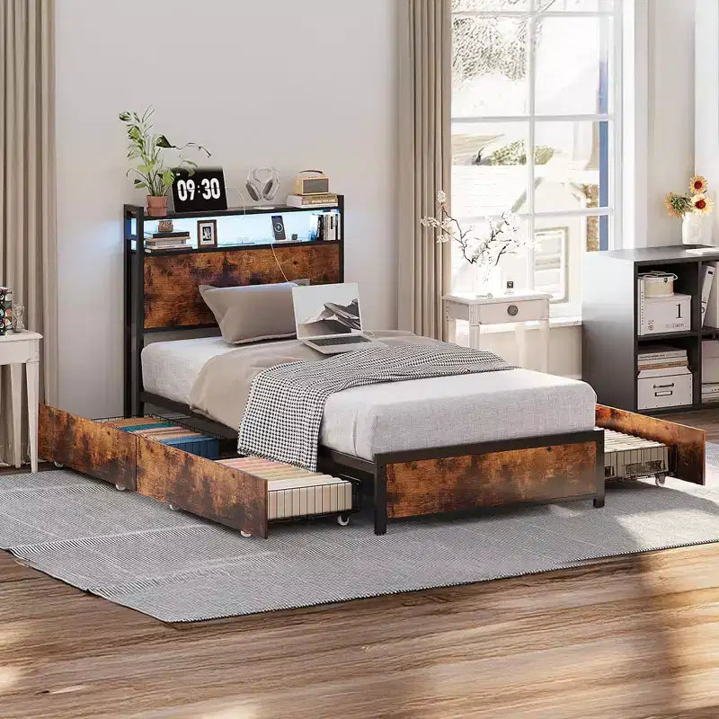 Metal Platform Bed Frame with 4 Storage Drawers, LED Lights, and Charging Station