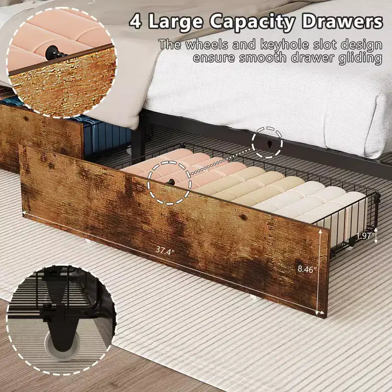 Metal Platform Bed Frame with 4 Storage Drawers, LED Lights, and Charging Station