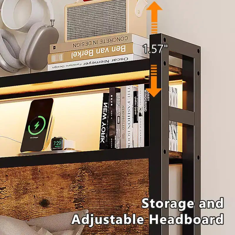 Metal Platform Bed Frame with 4 Storage Drawers, LED Lights, and Charging Station