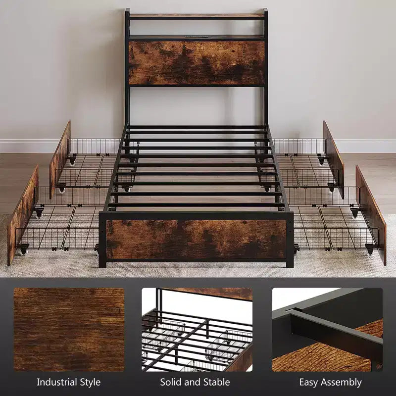 Metal Platform Bed Frame with 4 Storage Drawers, LED Lights, and Charging Station