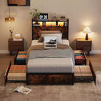 Metal Platform Bed Frame with 4 Storage Drawers, LED Lights, and Charging Station