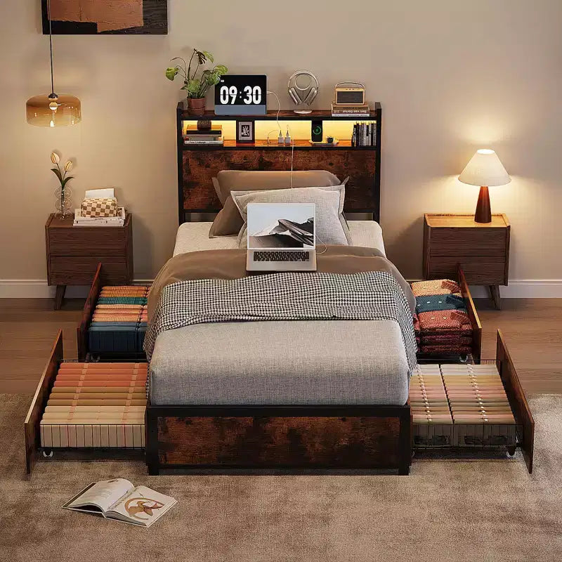 Metal Platform Bed Frame with 4 Storage Drawers, LED Lights, and Charging Station