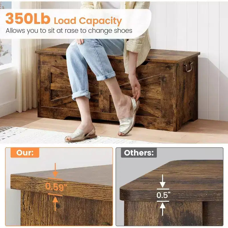 Wooden Storage Chest with Lid and Safety Hinge, Entryway Bench, 350 lb Capacity