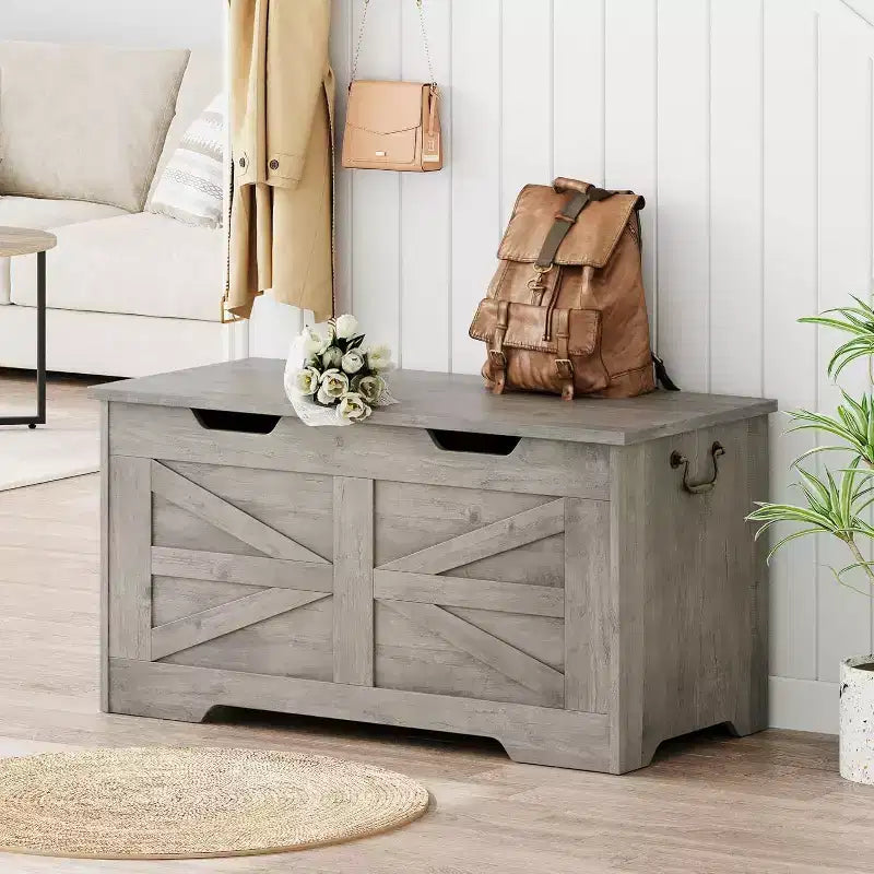 Wooden Storage Chest with Lid and Safety Hinge, Entryway Bench, 350 lb Capacity