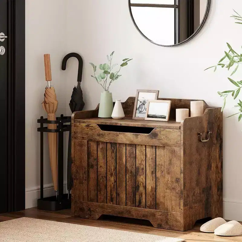Wooden Storage Chest with Lid and Safety Hinge, Entryway Bench, 350 lb Capacity