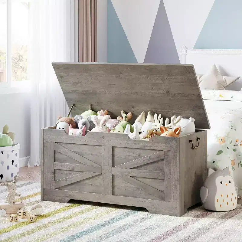 Wooden Storage Chest with Lid and Safety Hinge, Entryway Bench, 350 lb Capacity