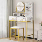 Vanity Desk with Rotating Mirror, 2 Drawers and Stool — 29 in. Wide, White and Black