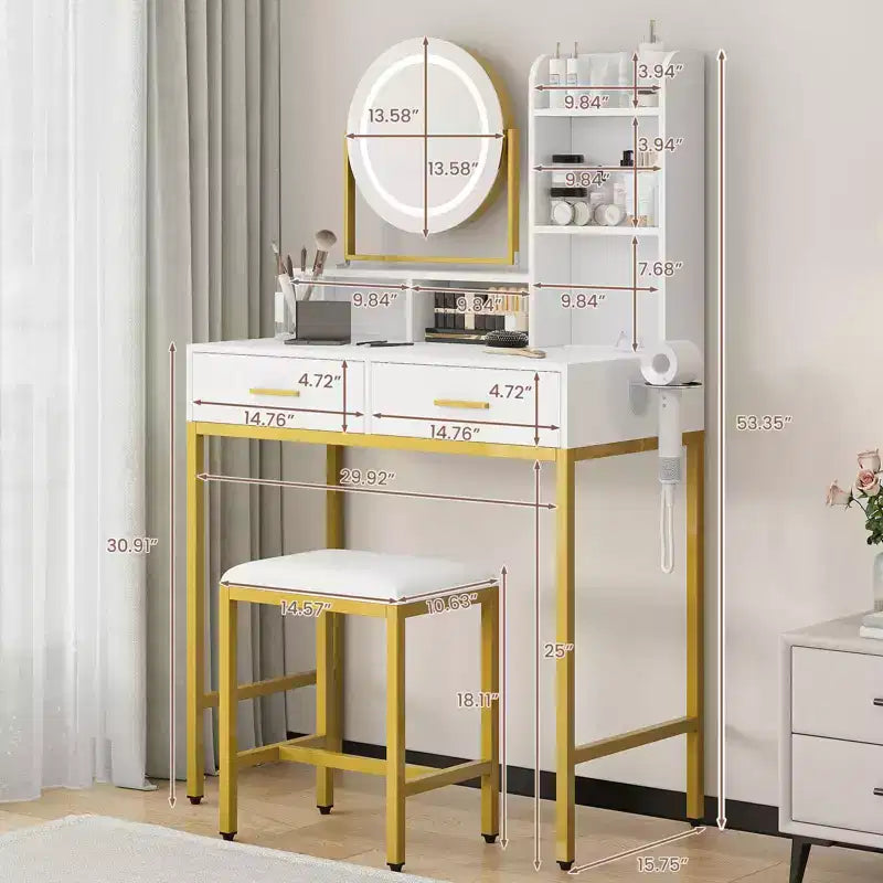 Vanity Desk with Rotating Mirror, 2 Drawers and Stool — 29 in. Wide, White and Black
