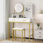 Vanity Desk with Rotating Mirror, 2 Drawers and Stool — 29 in. Wide, White and Black