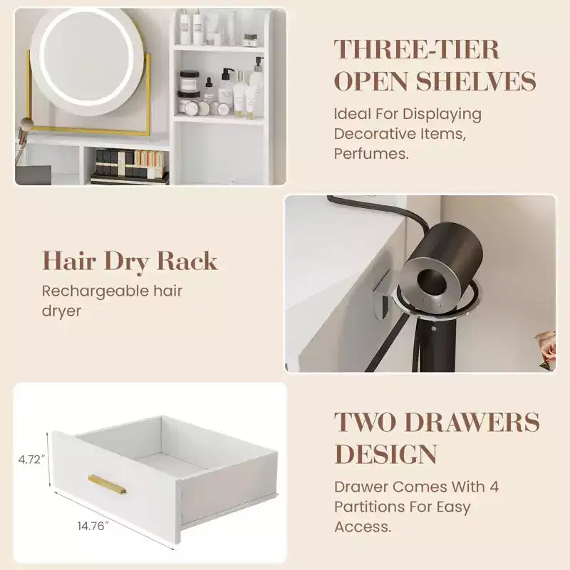 Vanity Desk with Rotating Mirror, 2 Drawers and Stool — 29 in. Wide, White and Black