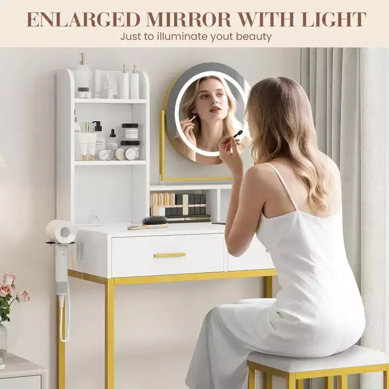 Vanity Desk with Rotating Mirror, 2 Drawers and Stool — 29 in. Wide, White and Black