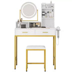 Vanity Desk with Rotating Mirror, 2 Drawers and Stool — 29 in. Wide, White and Black