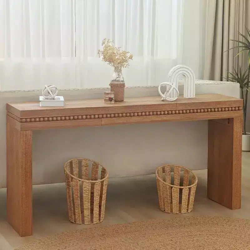 64 Inch Console Table with Decorative Beaded Trim – Thick Tabletop Entry Table for Living Room and Entryway