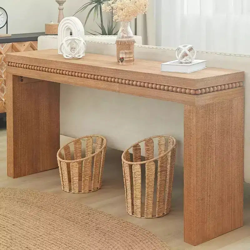 64 Inch Console Table with Decorative Beaded Trim – Thick Tabletop Entry Table for Living Room and Entryway