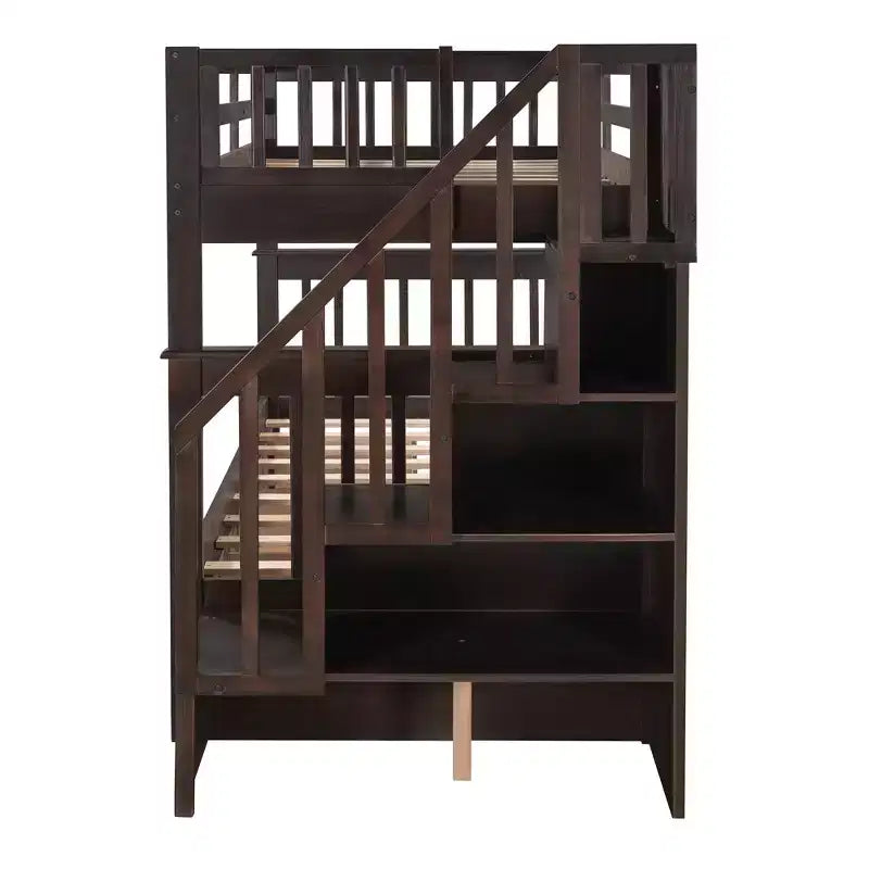 Twin over Twin Stairway Bunk Bed with Storage Drawers and Guard Rail