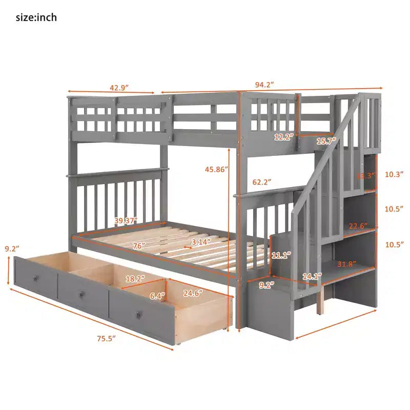 Twin over Twin Stairway Bunk Bed with Storage Drawers and Guard Rail