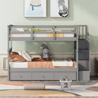Twin over Twin Stairway Bunk Bed with Storage Drawers and Guard Rail