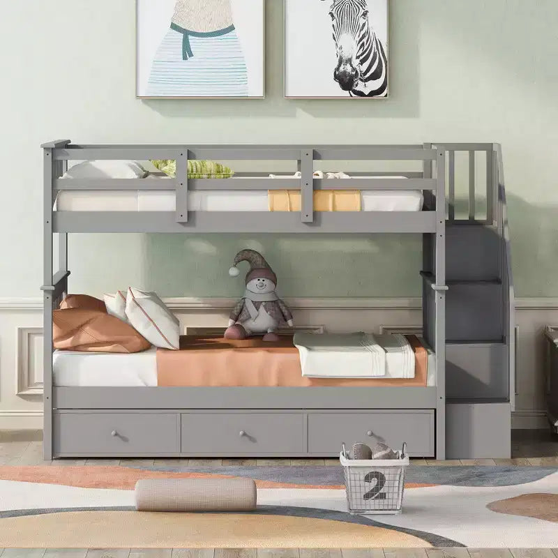 Twin over Twin Stairway Bunk Bed with Storage Drawers and Guard Rail