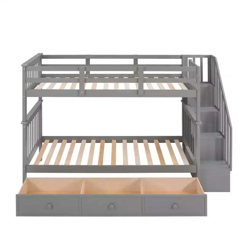 Twin over Twin Stairway Bunk Bed with Storage Drawers and Guard Rail