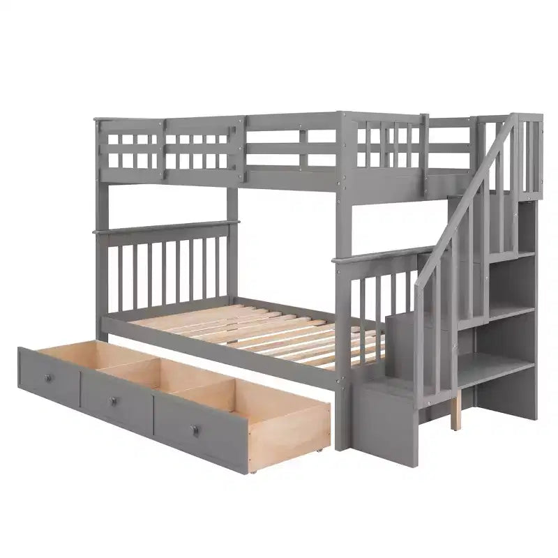 Twin over Twin Stairway Bunk Bed with Storage Drawers and Guard Rail