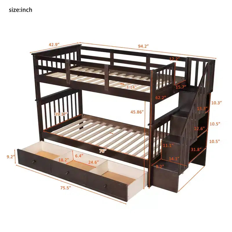 Twin over Twin Stairway Bunk Bed with Storage Drawers and Guard Rail