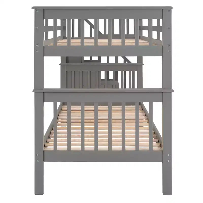Twin over Twin Stairway Bunk Bed with Storage Drawers and Guard Rail