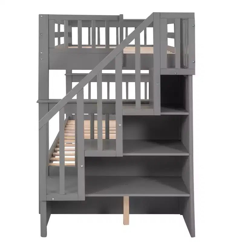 Twin over Twin Stairway Bunk Bed with Storage Drawers and Guard Rail
