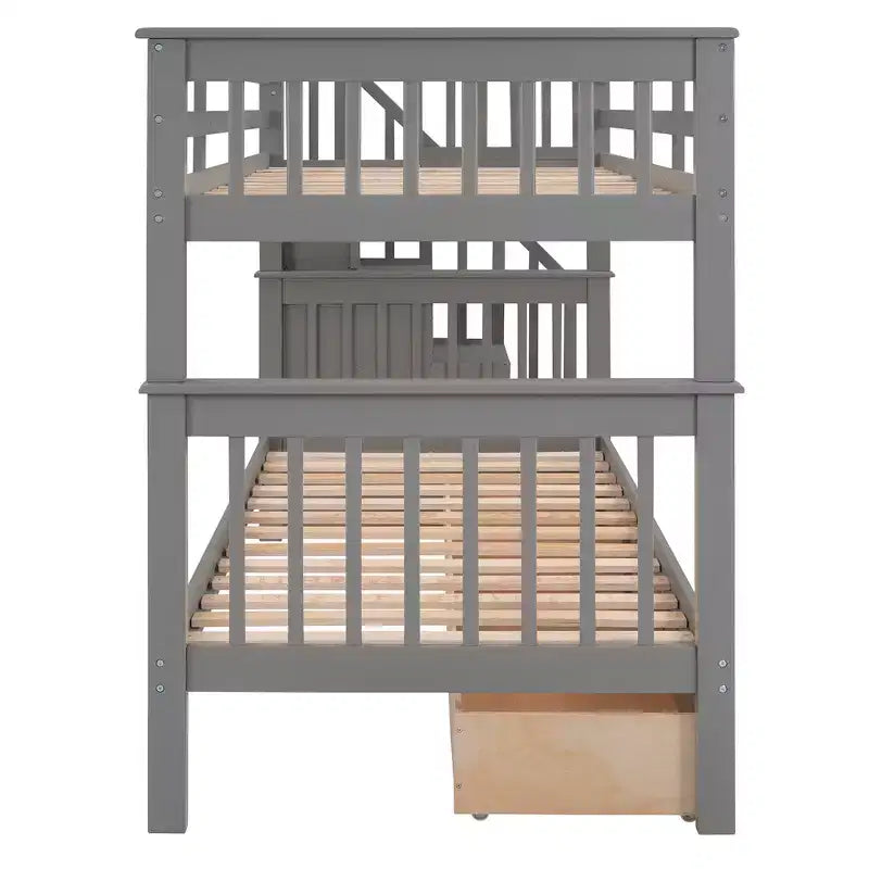 Twin over Twin Stairway Bunk Bed with Storage Drawers and Guard Rail