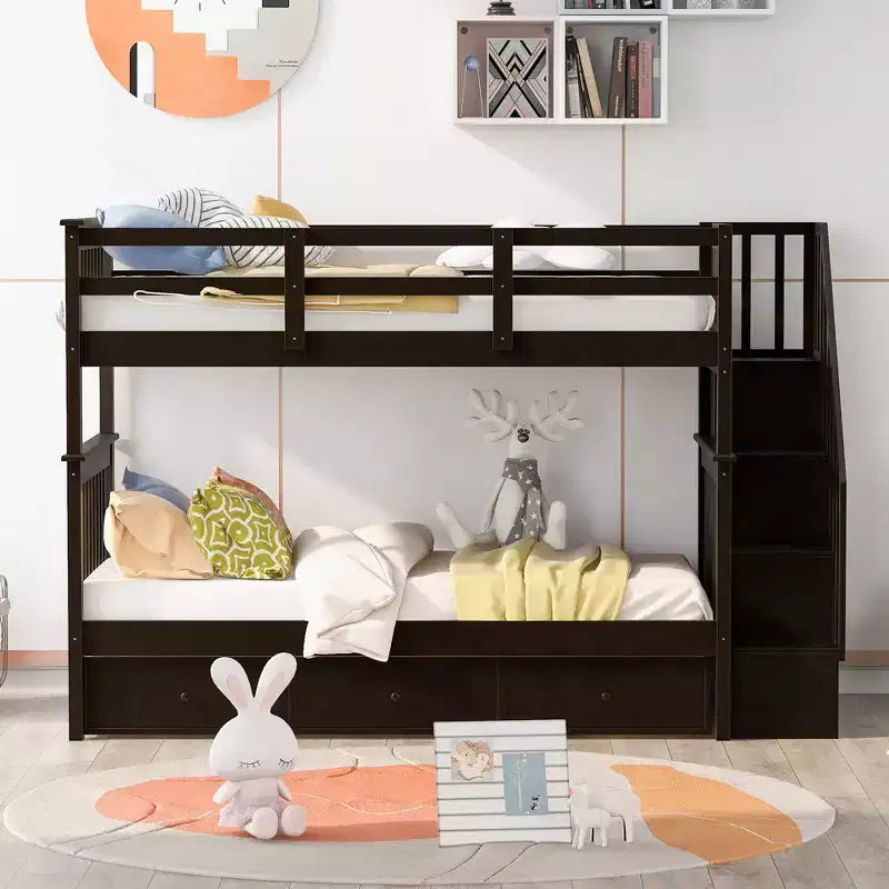 Twin over Twin Stairway Bunk Bed with Storage Drawers and Guard Rail