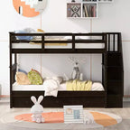 Twin over Twin Stairway Bunk Bed with Storage Drawers and Guard Rail