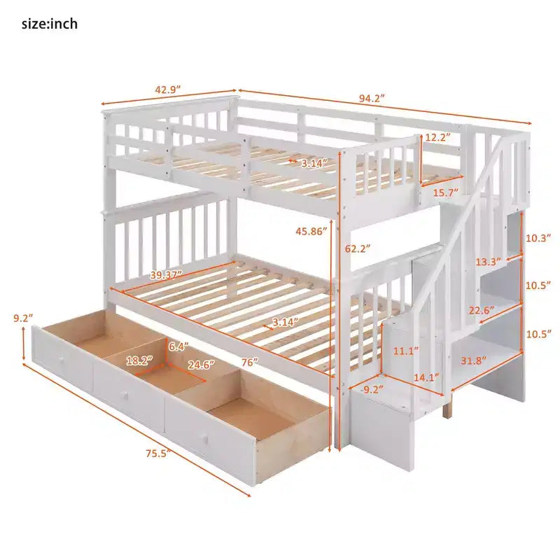Twin over Twin Stairway Bunk Bed with Storage Drawers and Guard Rail