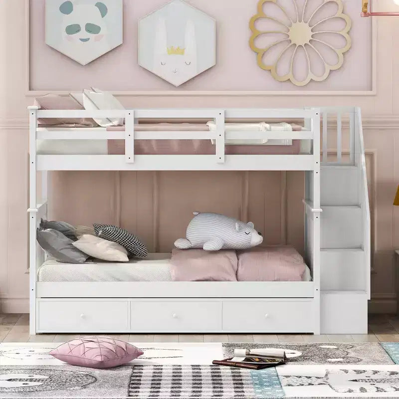Twin over Twin Stairway Bunk Bed with Storage Drawers and Guard Rail