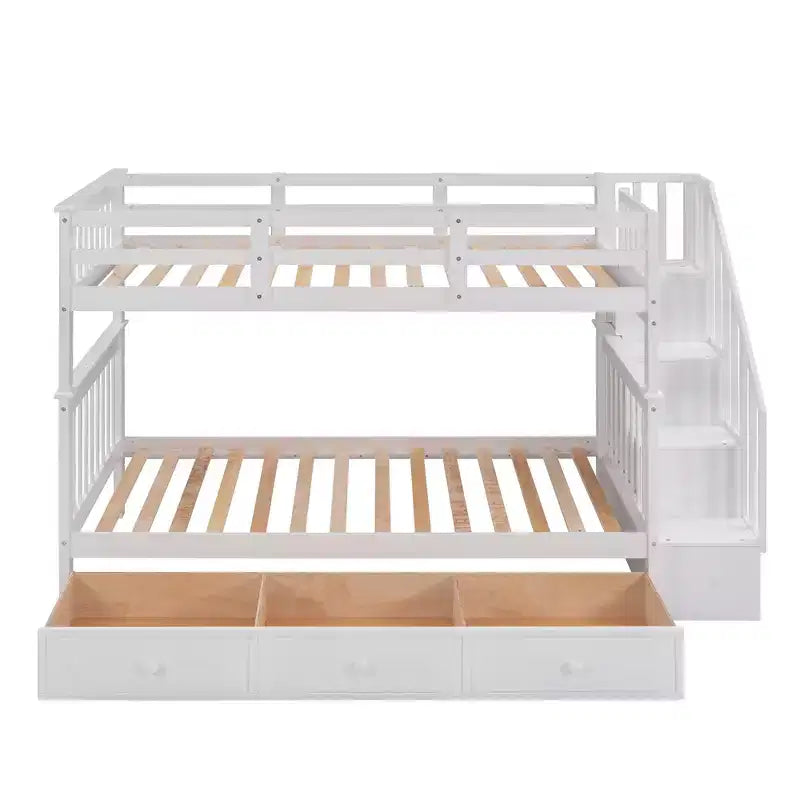 Twin over Twin Stairway Bunk Bed with Storage Drawers and Guard Rail