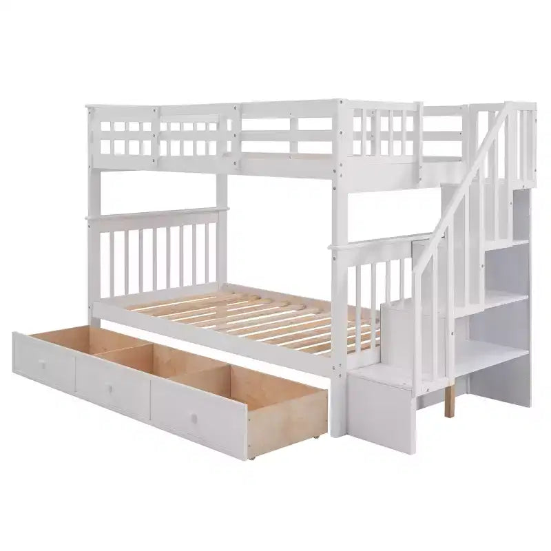 Twin over Twin Stairway Bunk Bed with Storage Drawers and Guard Rail