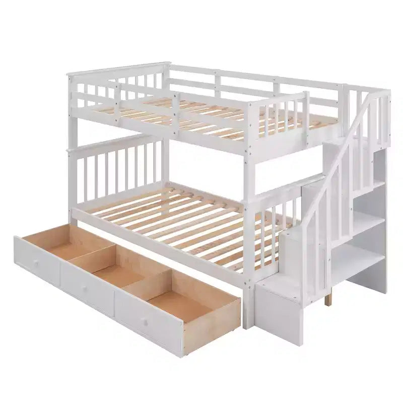 Twin over Twin Stairway Bunk Bed with Storage Drawers and Guard Rail