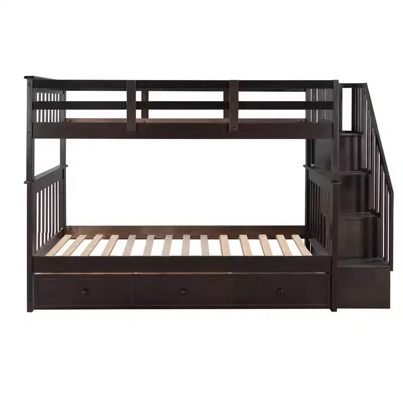 Twin over Twin Stairway Bunk Bed with Storage Drawers and Guard Rail