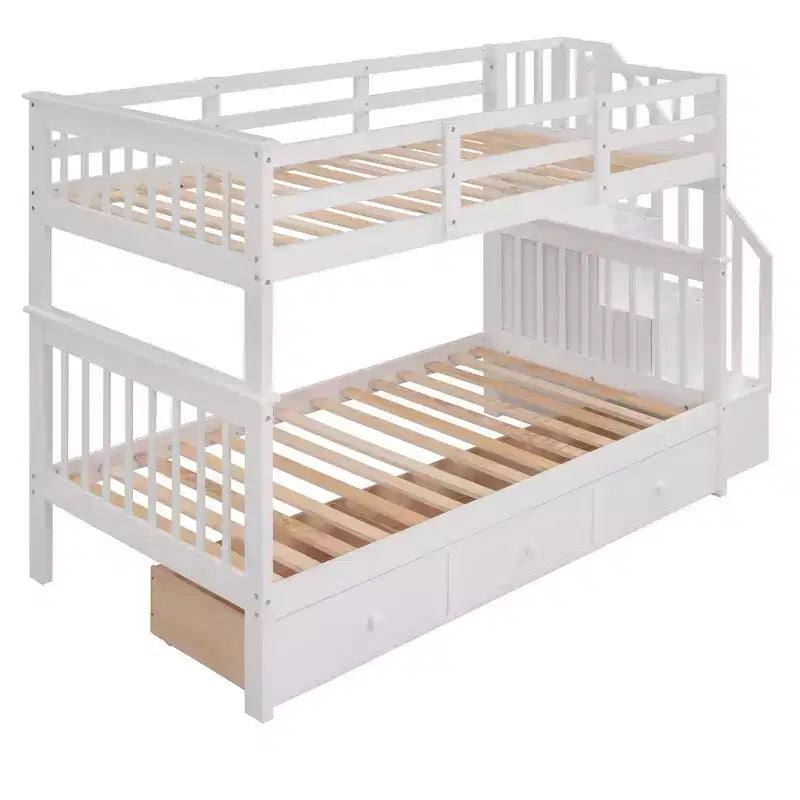 Twin over Twin Stairway Bunk Bed with Storage Drawers and Guard Rail