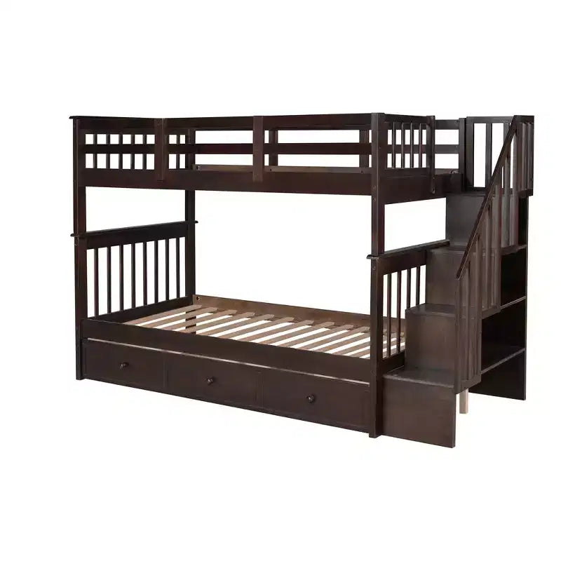 Twin over Twin Stairway Bunk Bed with Storage Drawers and Guard Rail