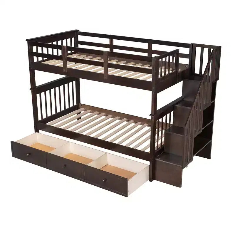 Twin over Twin Stairway Bunk Bed with Storage Drawers and Guard Rail