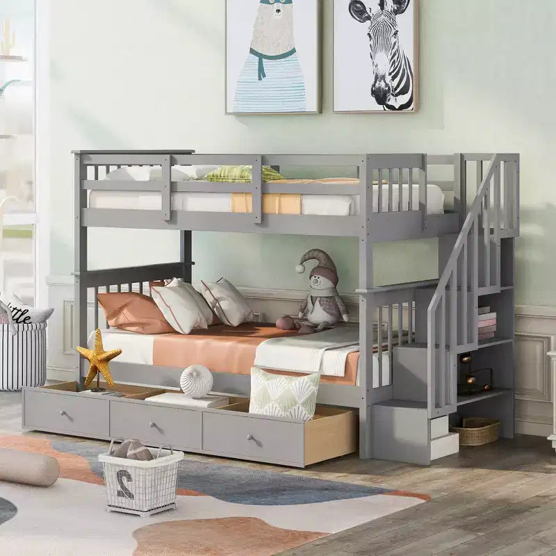 Twin over Twin Stairway Bunk Bed with Storage Drawers and Guard Rail